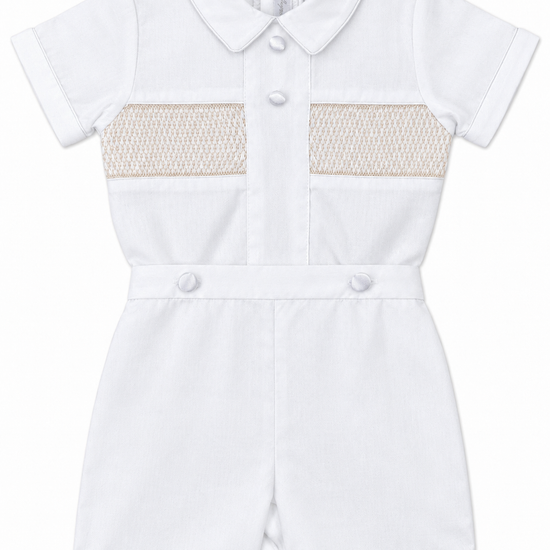 Carriage Boutique white boys bobby suit with hand smocked detailing, Peter Pan collar, and satin button accents.