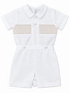 Carriage Boutique white boys bobby suit with hand smocked detailing, Peter Pan collar, and satin button accents.