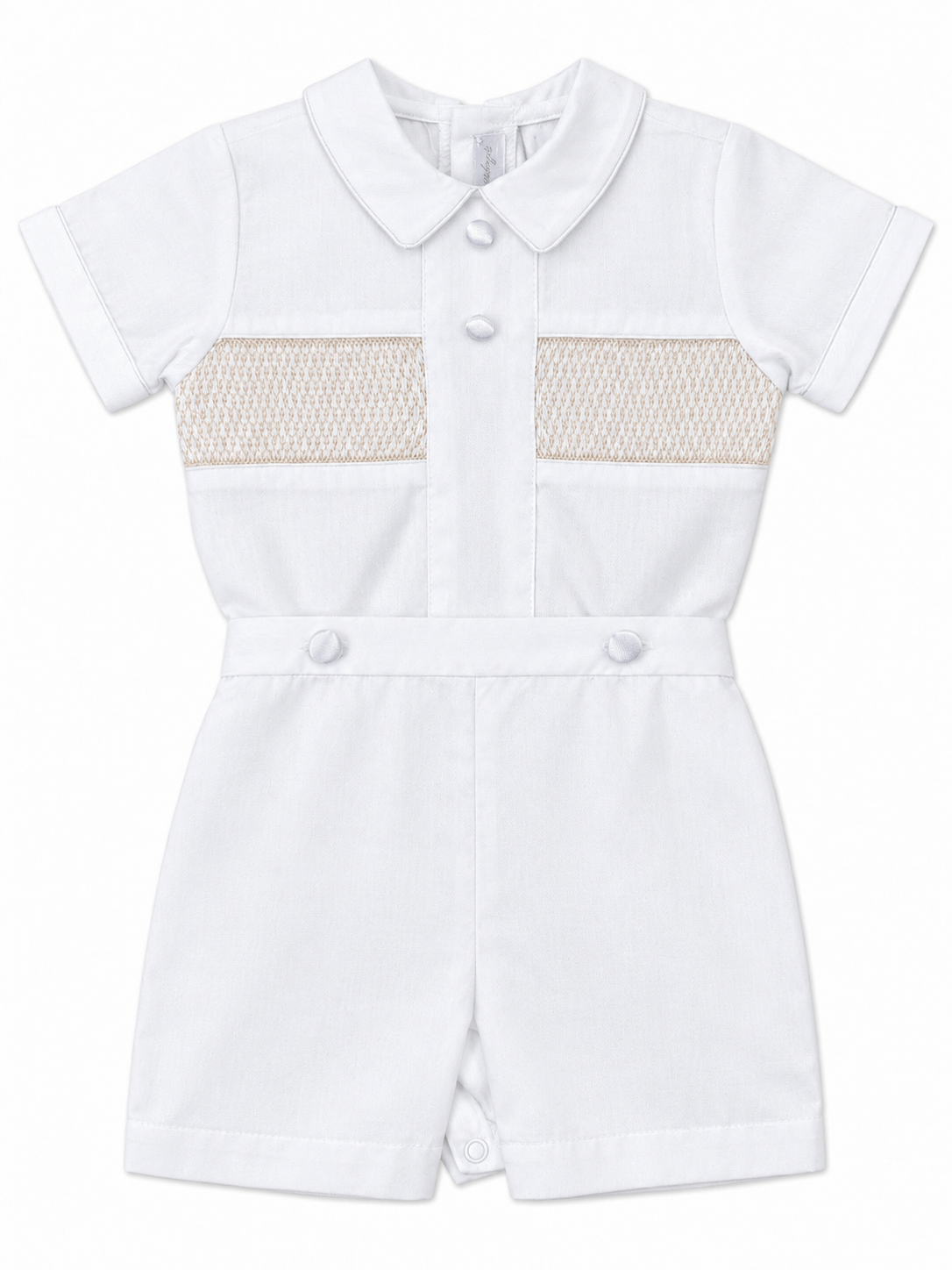 Carriage Boutique white boys bobby suit with hand smocked detailing, Peter Pan collar, and satin button accents.