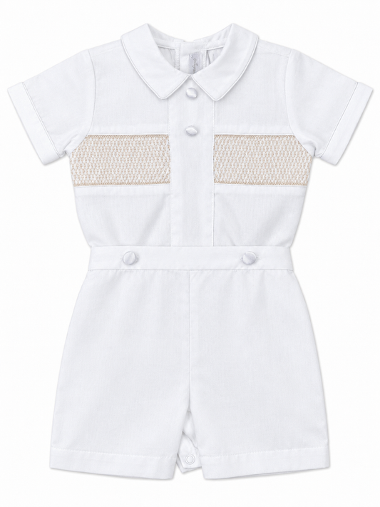 Carriage Boutique white boys bobby suit with hand smocked detailing, Peter Pan collar, and satin button accents.