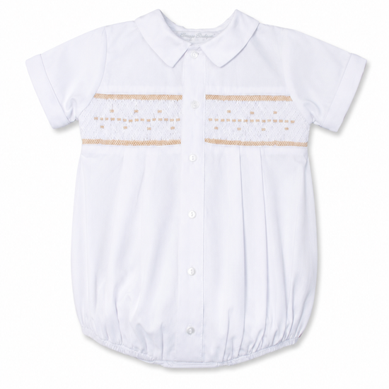Carriage Boutique white baby boy christening bubble with smocked embroidery, Peter Pan collar, and button front.