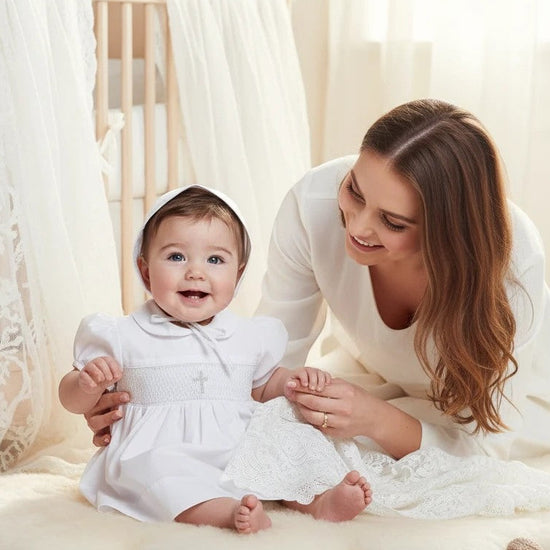 Carriage Boutique white smocked baby girl christening dress with cross detail and bonnet. Mother and baby in nursery.