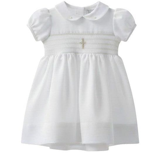 Carriage Boutique white smocked christening dress with cross detail and matching bonnet. Puff sleeves and Peter Pan collar.