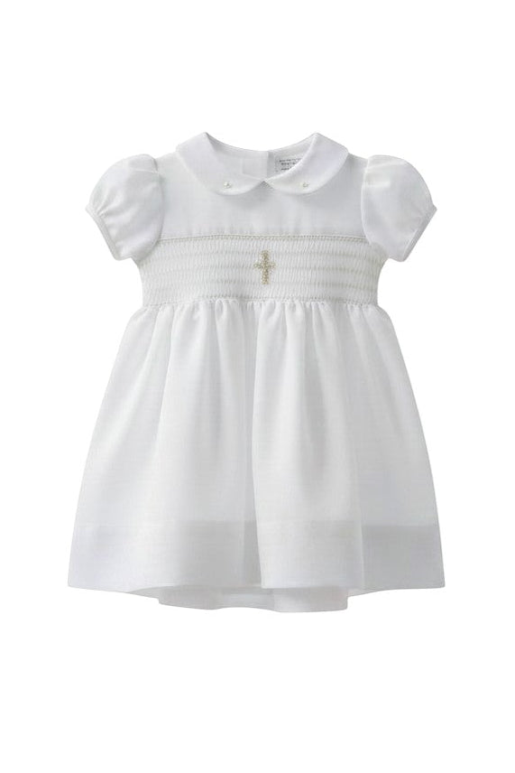 Carriage Boutique white smocked christening dress with cross detail and matching bonnet. Puff sleeves and Peter Pan collar.