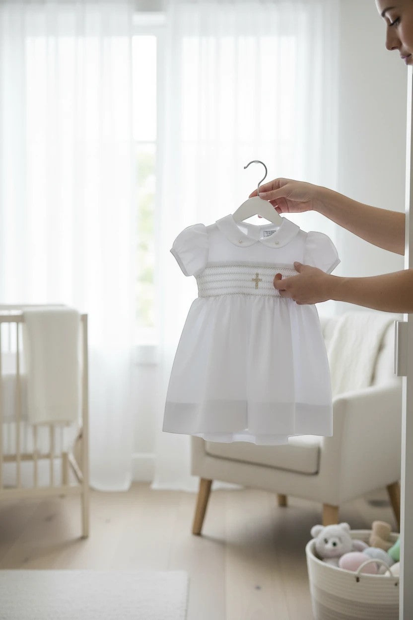 Carriage Boutique white smocked christening dress with cross detail, puff sleeves, and Peter Pan collar.