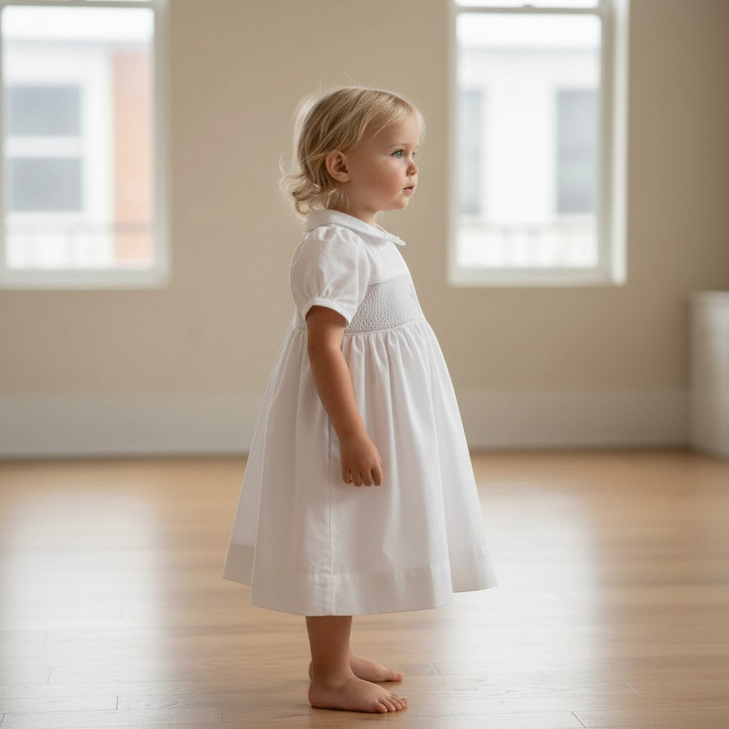 Carriage Boutique white smocked christening dress with cross detail on bodice for baby girls. Short sleeves, Peter Pan collar.
