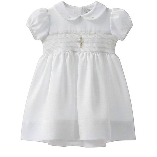 Carriage Boutique white baby girl christening dress with smocked bodice and delicate cross embroidery detail.