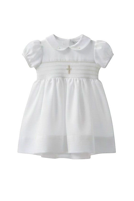 Carriage Boutique white baby girl christening dress with smocked bodice and delicate cross embroidery detail.