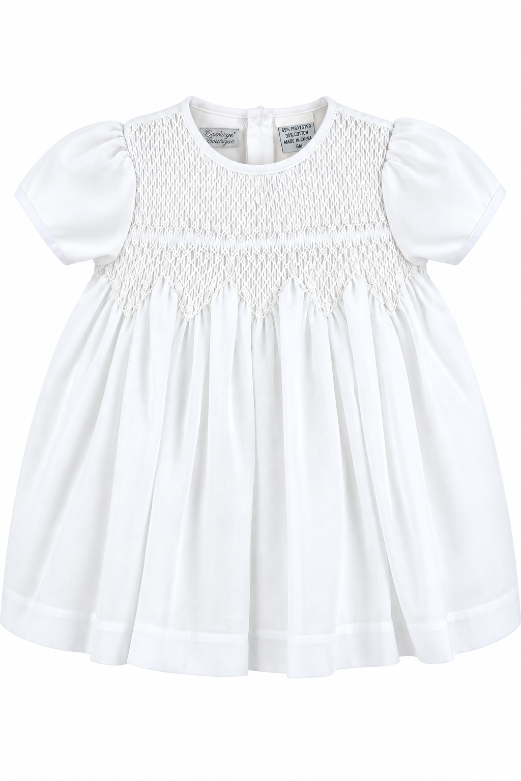 Carriage Boutique white baby girl christening voile dress with delicate smocked bodice and puff sleeves