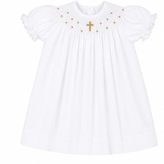Carriage Boutique white cotton bishop dress with gold smocked cross detail and puffed sleeves for christening