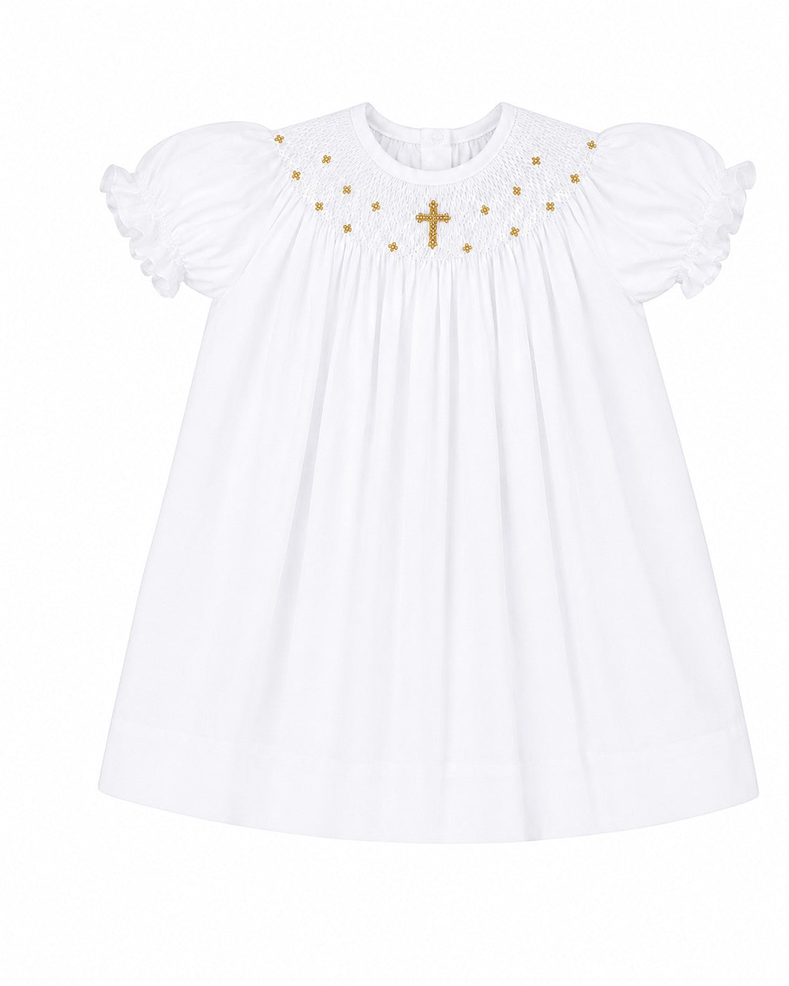 Carriage Boutique white cotton bishop dress with gold smocked cross detail and puffed sleeves for christening