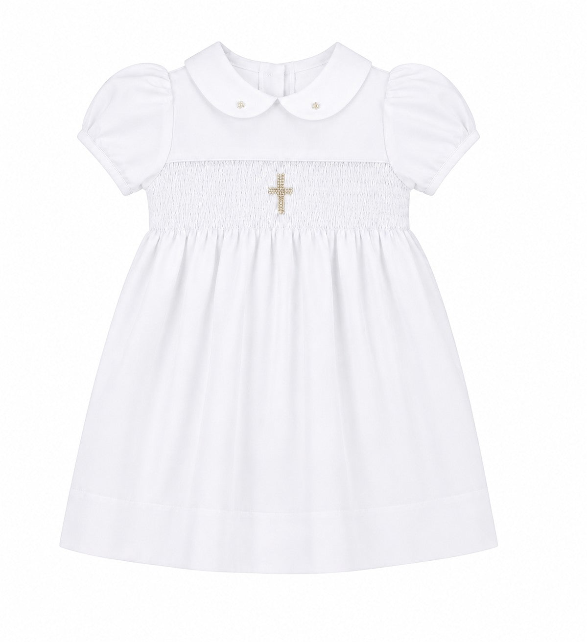 Carriage Boutique white baby girl christening dress with smocked bodice, cross embroidery, and peter pan collar.