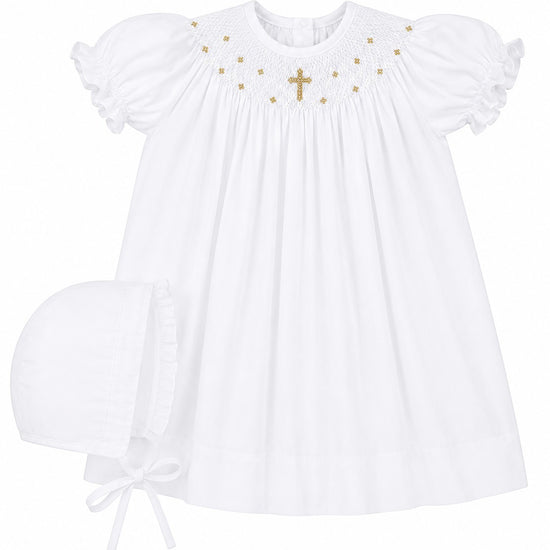 Carriage Boutique white cotton bishop dress with gold smocked cross and matching bonnet for baby girls christening