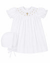 Carriage Boutique white cotton bishop dress with gold smocked cross and matching bonnet for baby girls christening