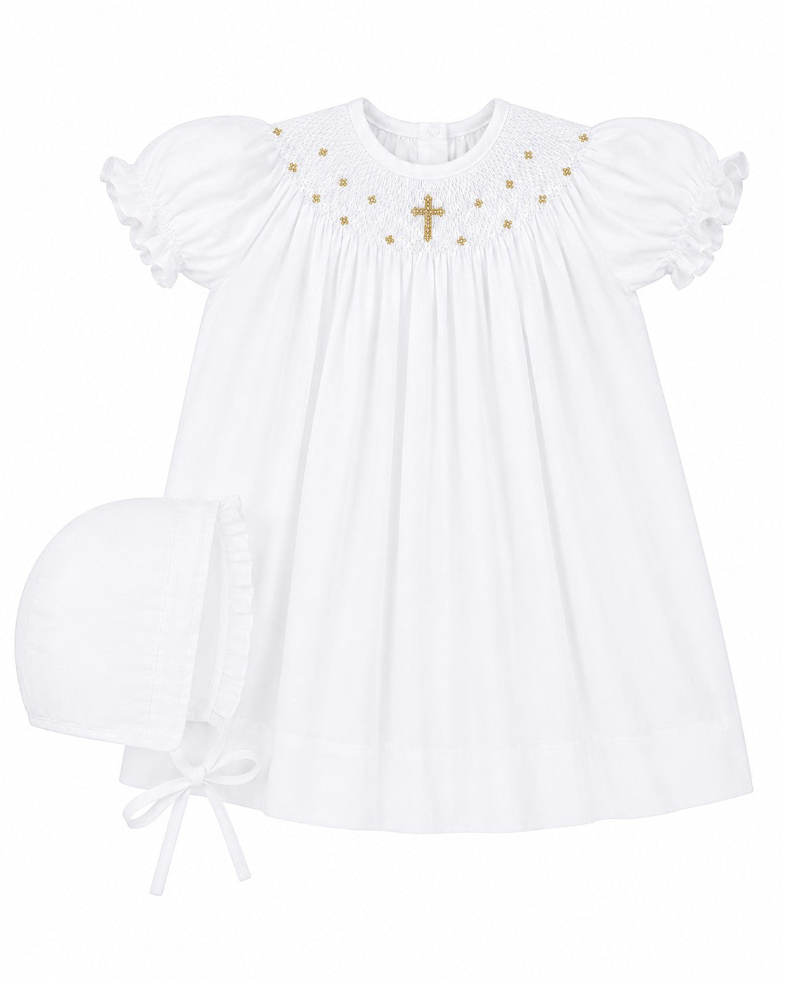 Carriage Boutique white cotton bishop dress with gold smocked cross and matching bonnet for baby girls christening