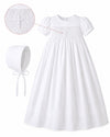 Carriage Boutique white infant christening gown with hand-smocked cross bodice detail and matching bonnet.