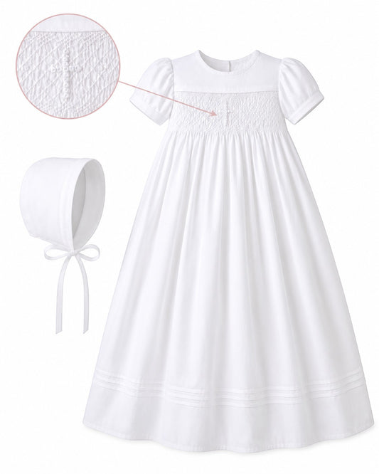 Carriage Boutique white infant christening gown with hand-smocked cross bodice detail and matching bonnet.