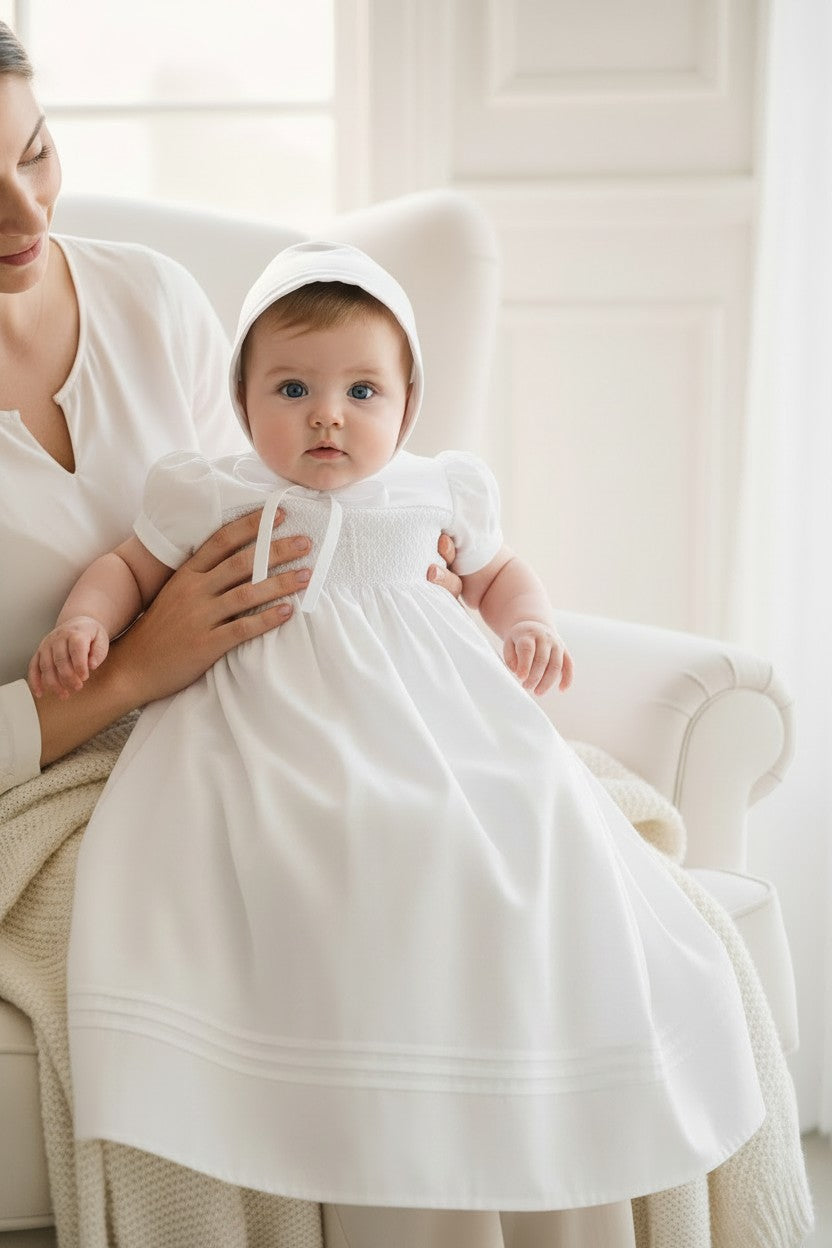 Hand Smocked Cross Christening Gown with Matching Bonnet