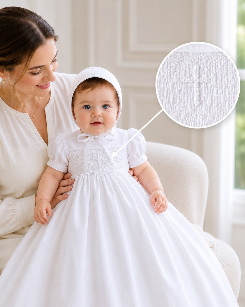 Carriage Boutique white hand-smocked christening gown with cross detail and matching bonnet worn by an infant.
