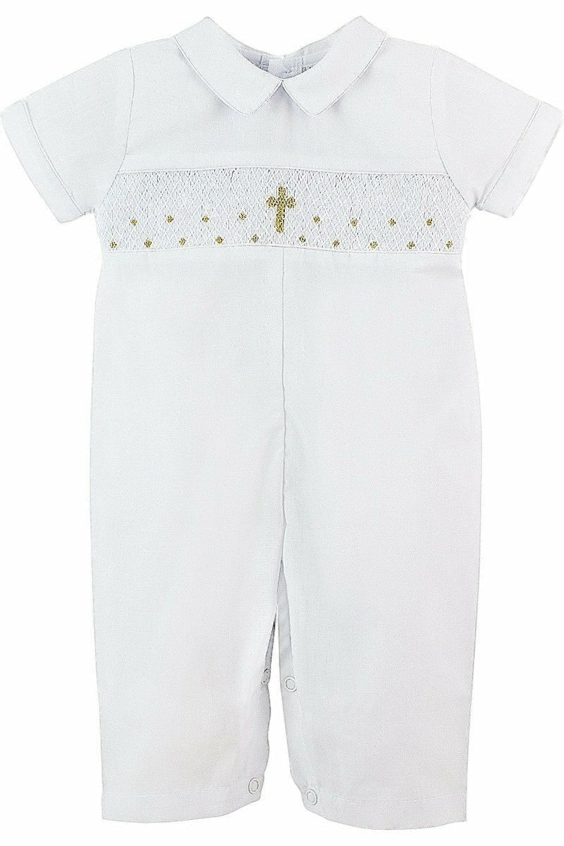 Carriage Boutique white baby boy christening longall with hand-smocked gold cross detail and a classic collar.
