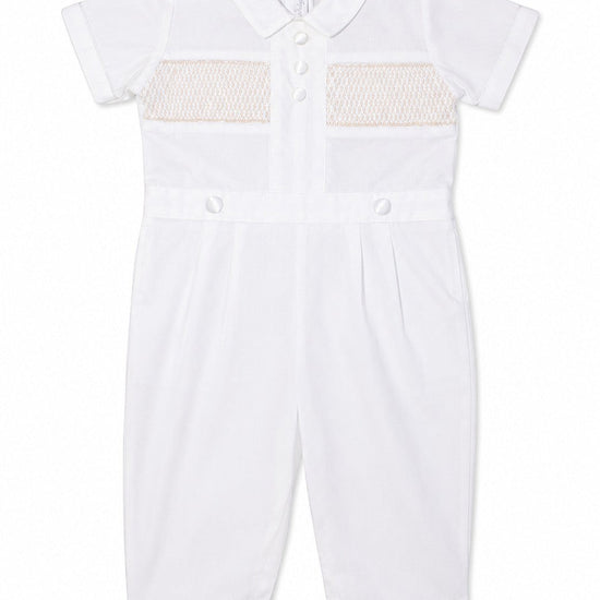 Carriage Boutique white cotton boys christening outfit with hand-smocked chest detail and short sleeves
