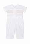 Carriage Boutique white cotton boys christening outfit with hand-smocked chest detail and short sleeves
