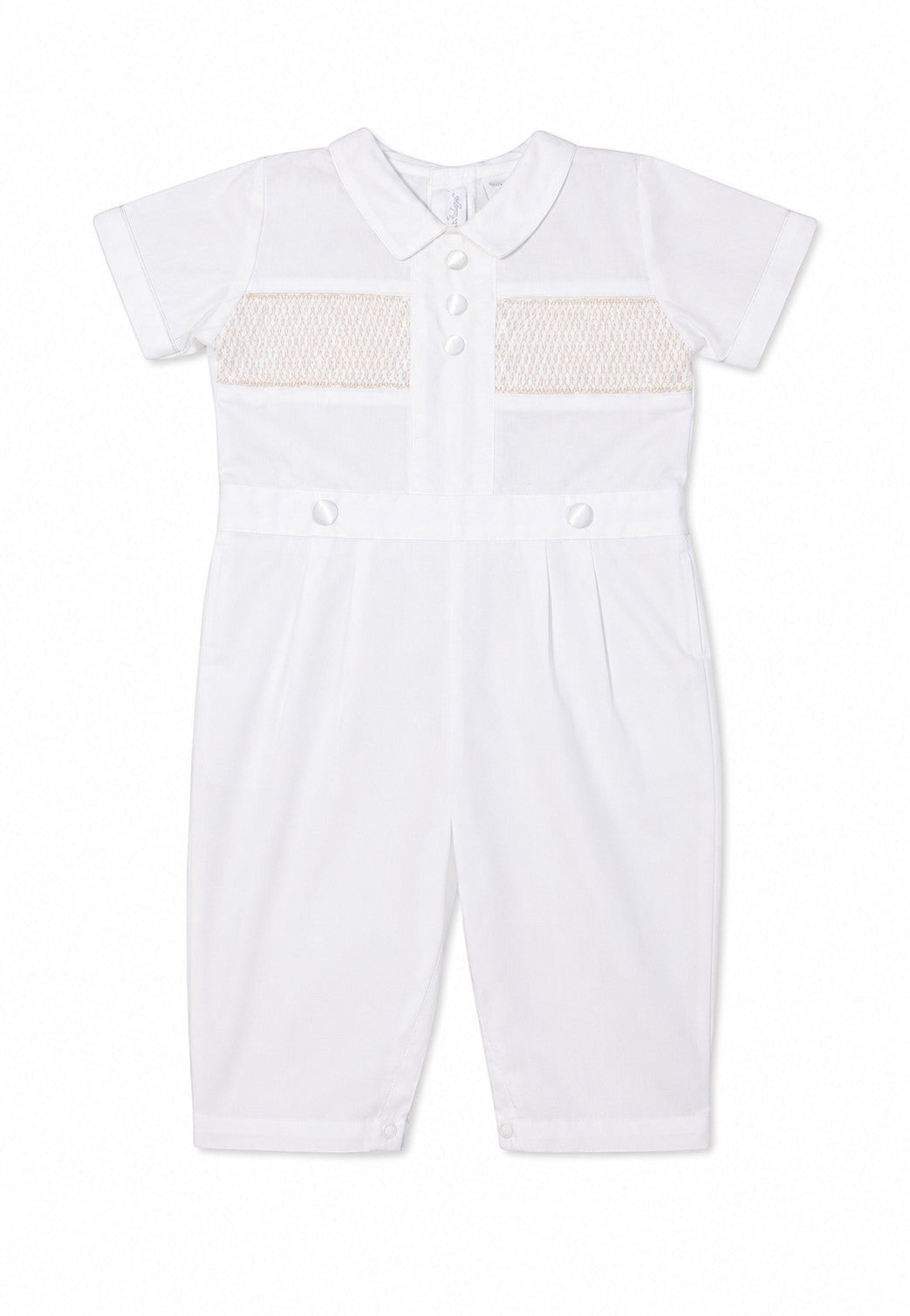 Carriage Boutique white cotton boys christening outfit with hand-smocked chest detail and short sleeves