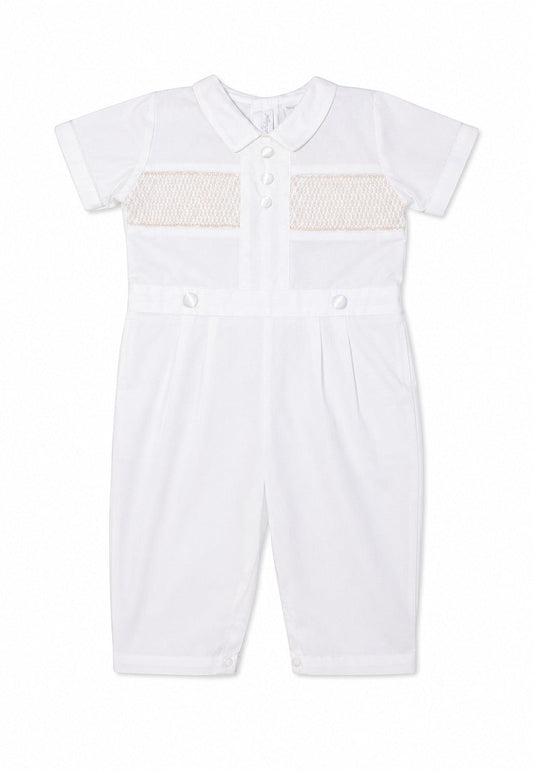 Carriage Boutique white cotton boys christening outfit with hand-smocked chest detail and short sleeves