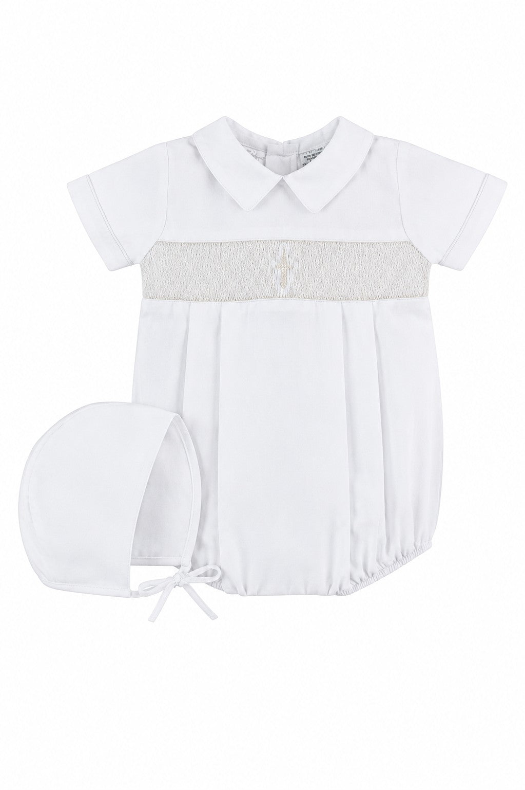 Carriage Boutique white baby boy christening bubble romper with smocked bodice, cross embroidery, and matching bonnet.