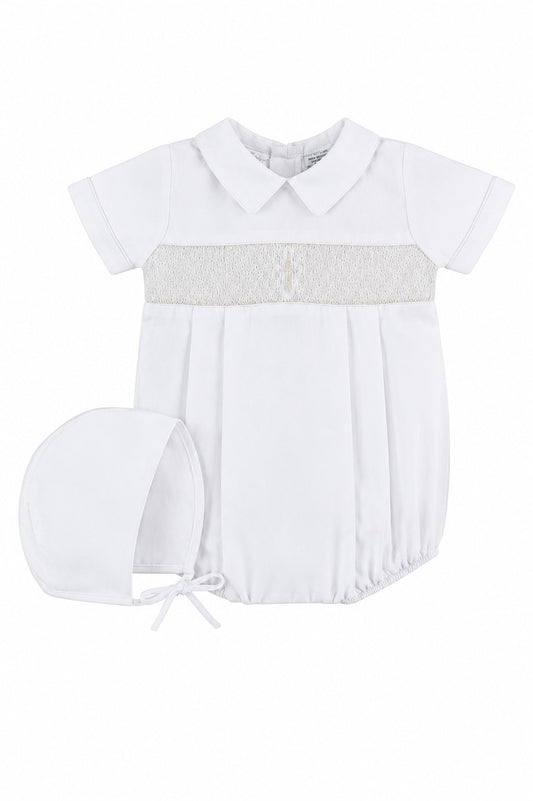 Carriage Boutique white baby boy christening bubble romper with smocked bodice, cross embroidery, and matching bonnet.