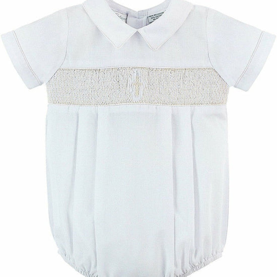 Carriage Boutique baby boy white christening bubble romper with smocked bodice and cross embroidery detail