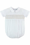 Carriage Boutique baby boy white christening bubble romper with smocked bodice and cross embroidery detail