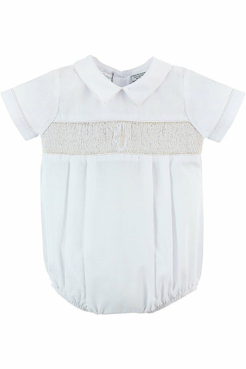 Carriage Boutique baby boy white christening bubble romper with smocked bodice and cross embroidery detail