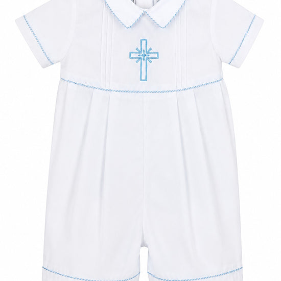 Carriage Boutique white cotton baby boy christening bobby suit with blue smocked cross embroidery and peter pan collar