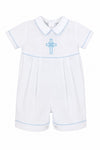 Carriage Boutique white cotton baby boy christening bobby suit with blue smocked cross embroidery and peter pan collar