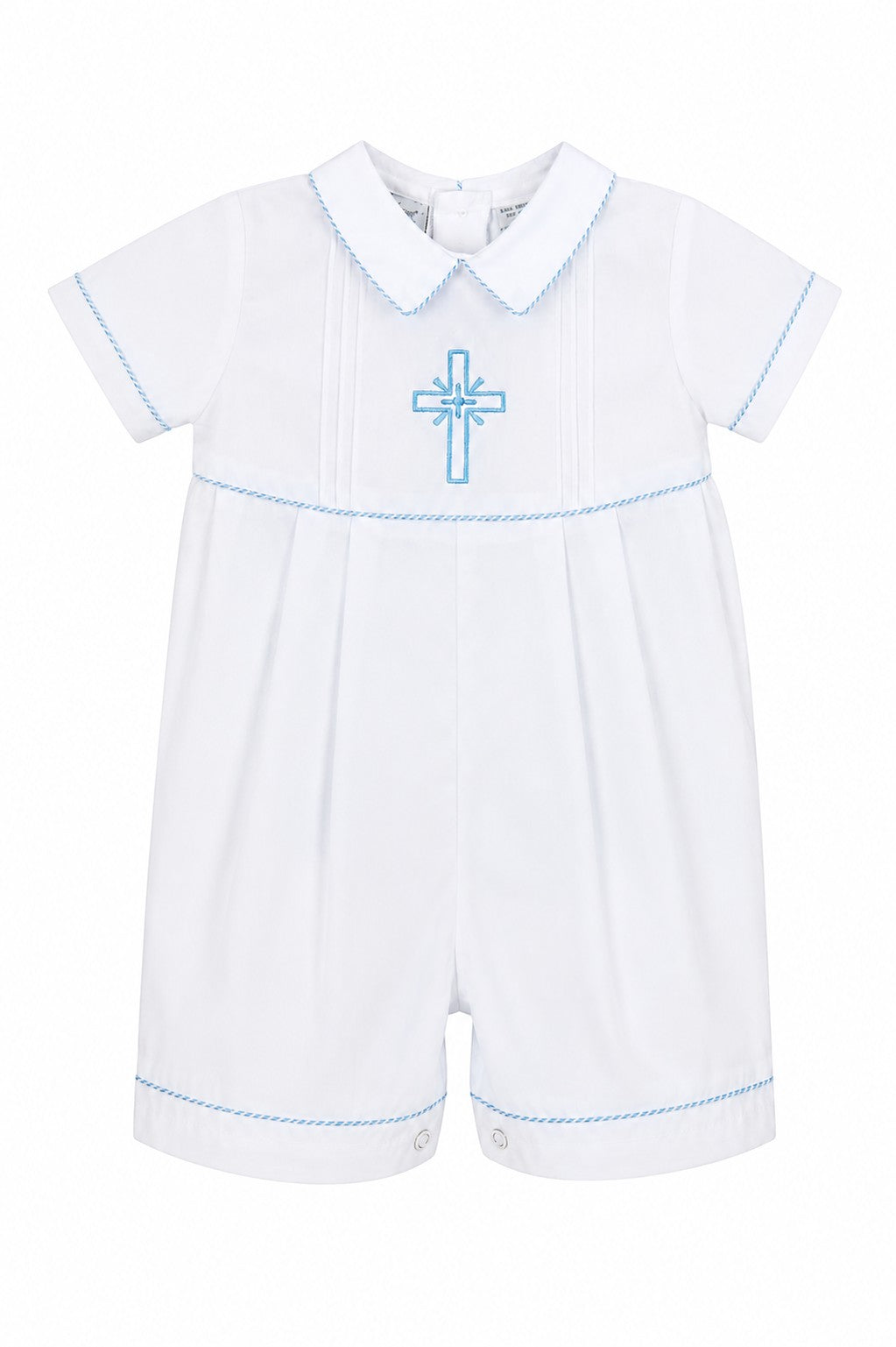 Carriage Boutique white cotton baby boy christening bobby suit with blue smocked cross embroidery and peter pan collar