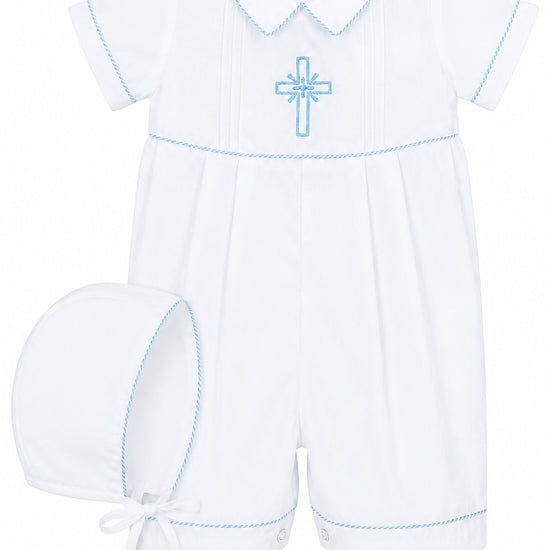 Carriage Boutique white cotton baby boy christening bobby suit with blue smocked cross embroidery and matching bonnet