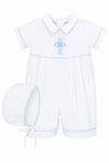 Carriage Boutique white cotton baby boy christening bobby suit with blue smocked cross embroidery and matching bonnet