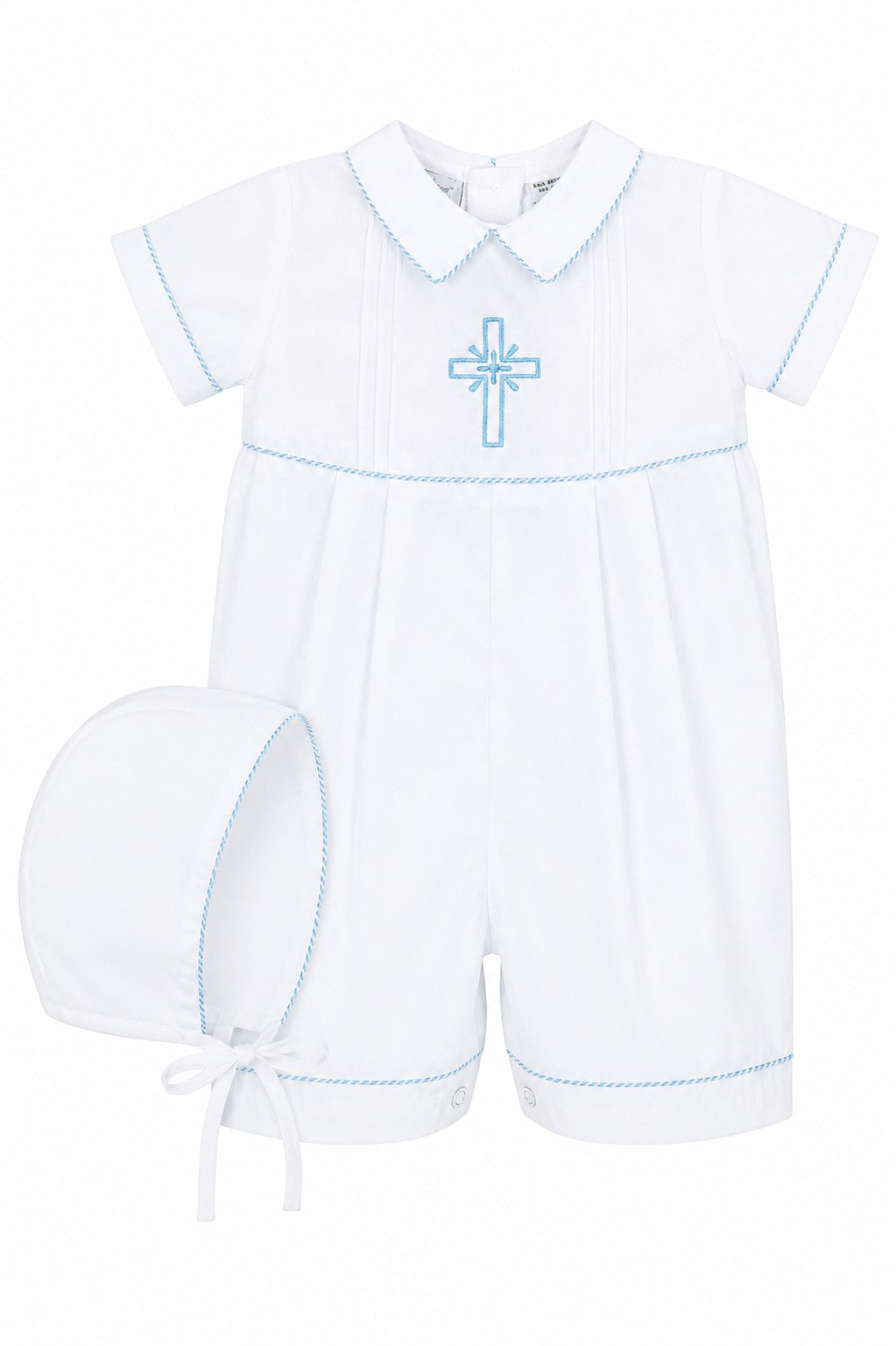 Carriage Boutique white cotton baby boy christening bobby suit with blue smocked cross embroidery and matching bonnet
