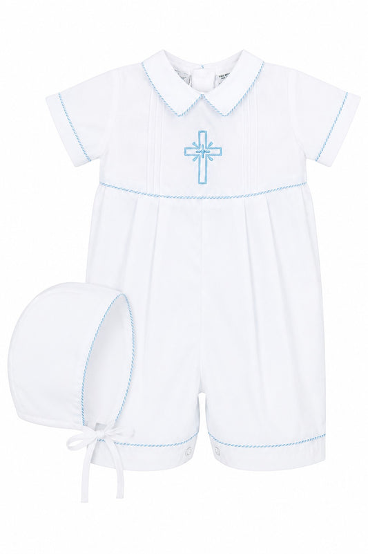 Carriage Boutique white cotton baby boy christening bobby suit with blue smocked cross embroidery and matching bonnet