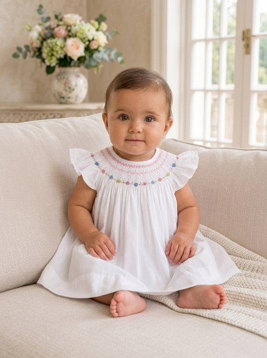 Carriage Boutique baby girl wearing a white vintage bishop dress with hand-smocked floral embroidery and flutter sleeves