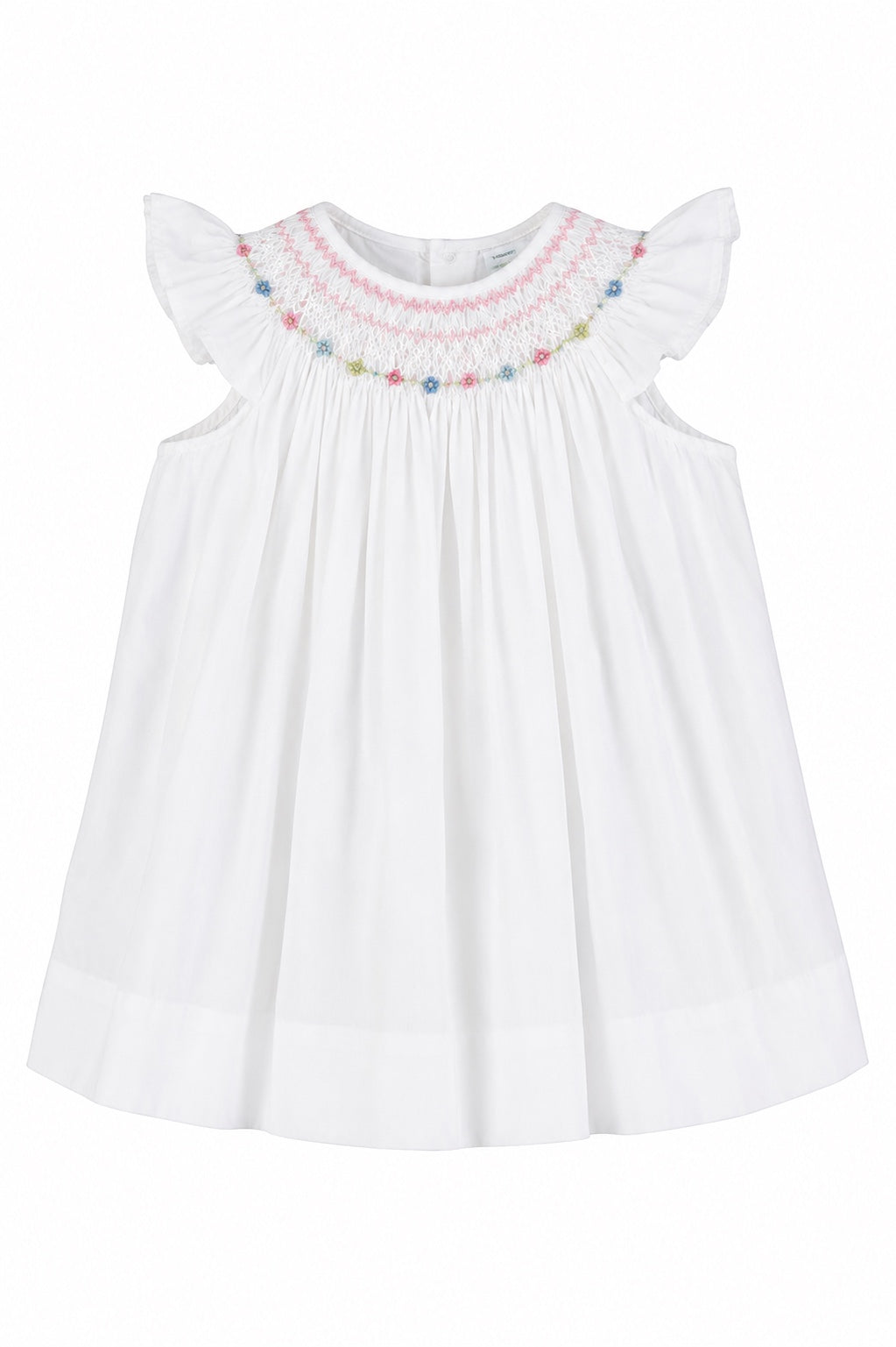 Carriage Boutique white baby girl bishop dress with hand-smocked floral embroidery and flutter sleeves.