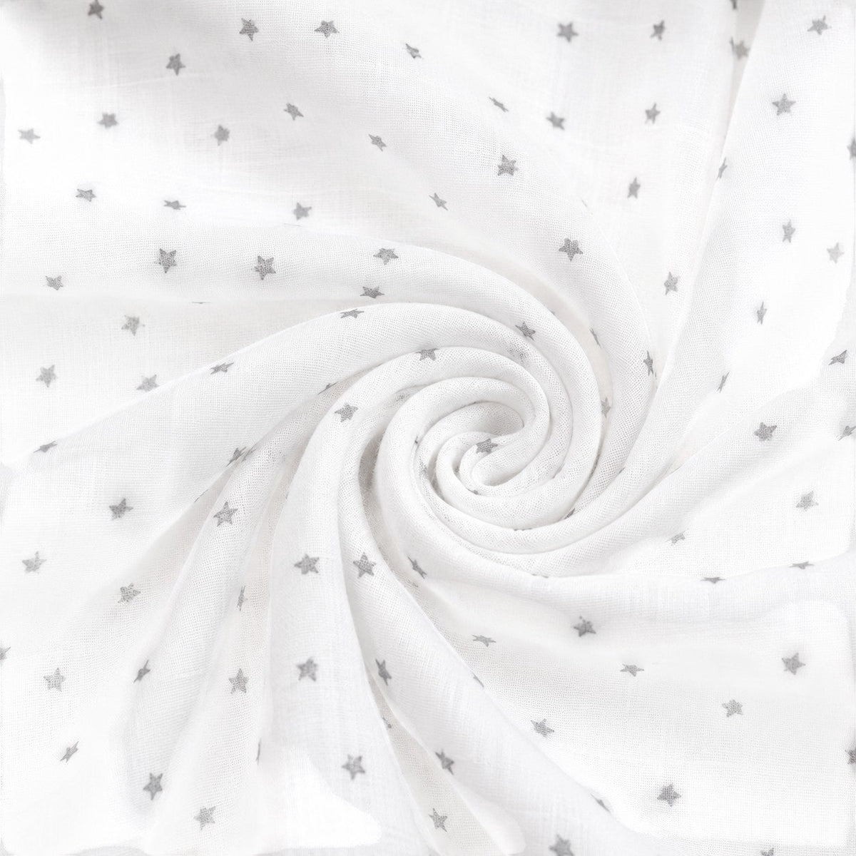 Carriage Boutique white muslin sleep gown fabric with a soft grey star print in a swirling pattern