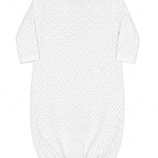 Carriage Boutique white infant sleep gown with grey star print and long sleeves on a plain background