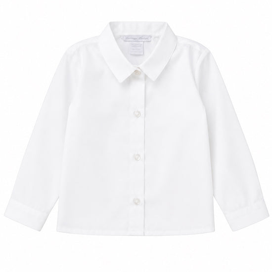Carriage Boutique white long sleeve button-down toddler shirt made from soft poly cotton blend fabric.