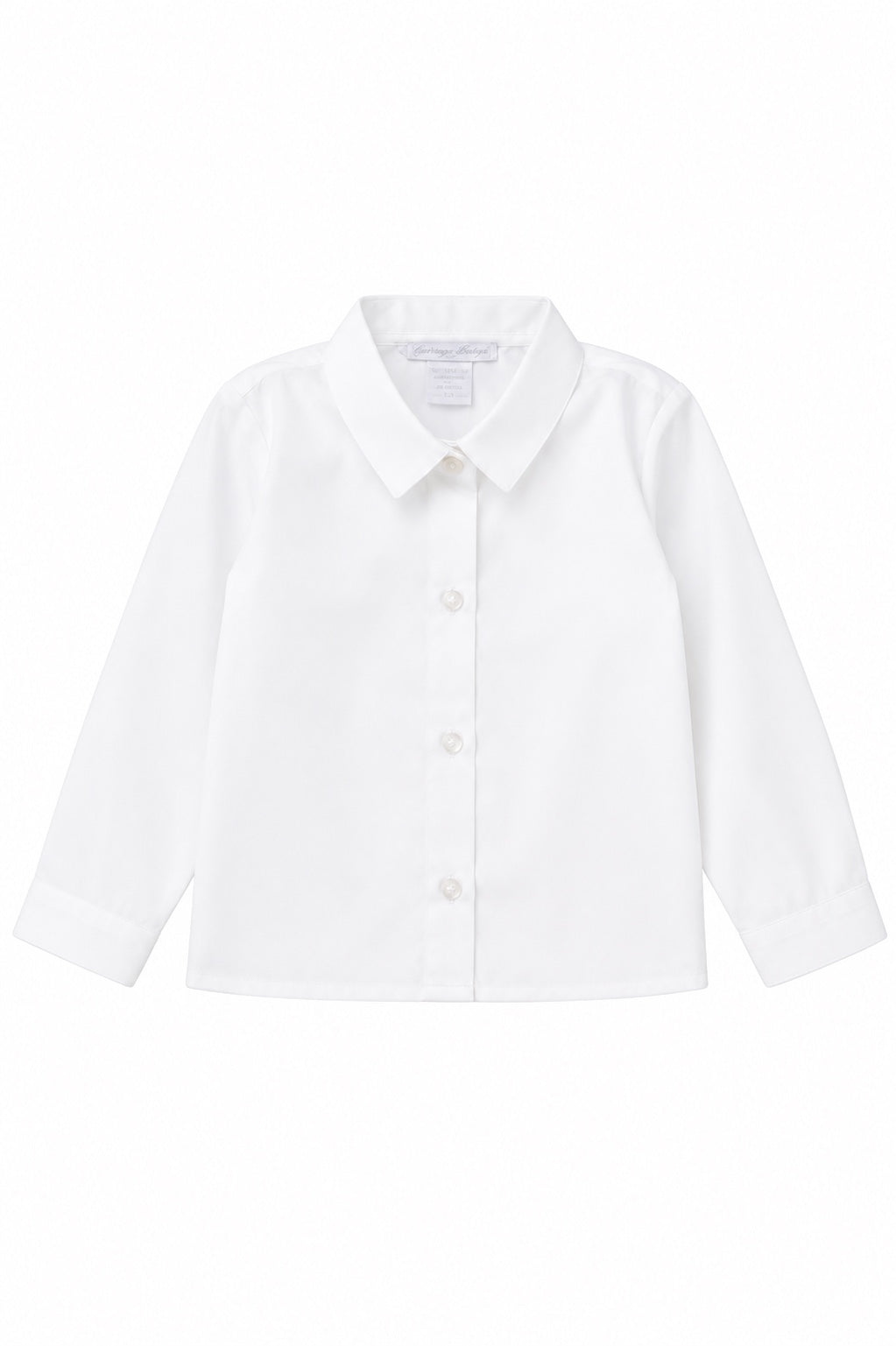 Carriage Boutique white long sleeve button-down toddler shirt made from soft poly cotton blend fabric.