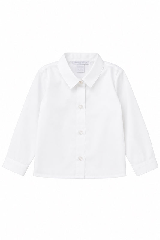 Carriage Boutique white long sleeve button-down toddler shirt made from soft poly cotton blend fabric.