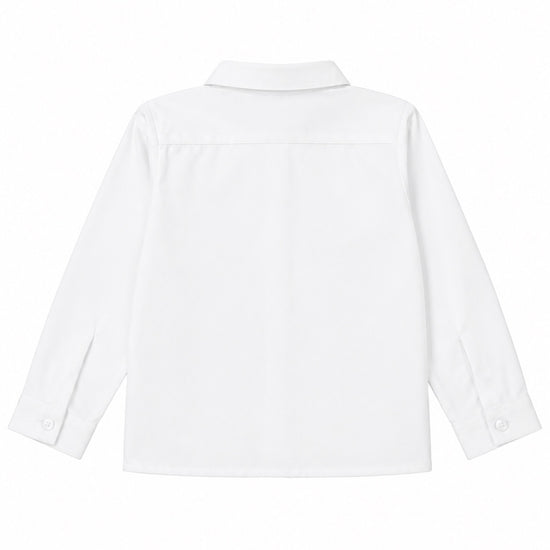 Carriage Boutique white long sleeve button-down toddler shirt made from soft poly cotton fabric, back view.