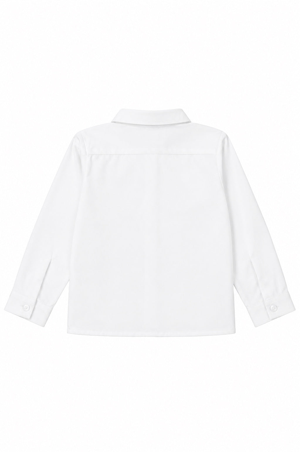 Carriage Boutique white long sleeve button-down toddler shirt made from soft poly cotton fabric, back view.