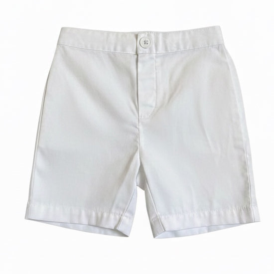 Carriage Boutique white twill toddler boy shorts with a button closure and elastic waistband for comfortable play.